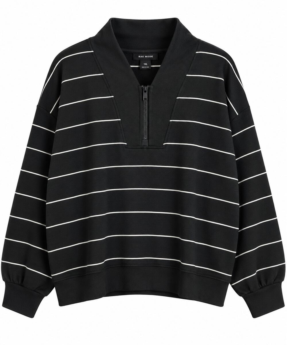 Rae Mode 1XL Black & White Striped Quarter Zip Pullover